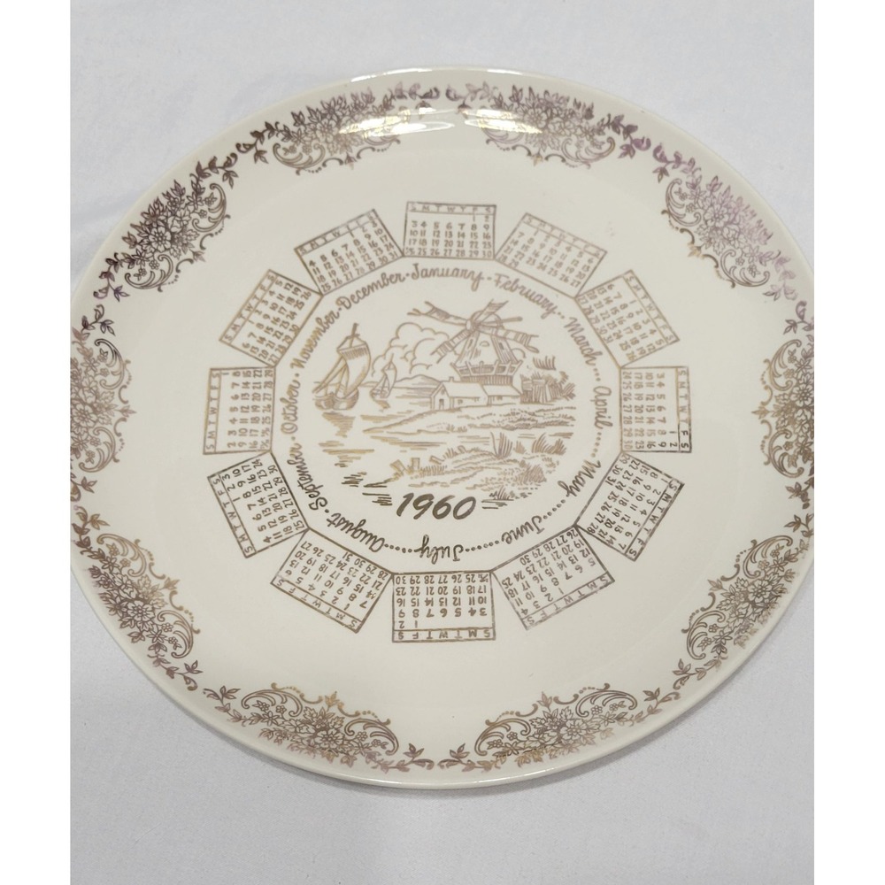 1960 Ceramic Collector Plate Decorative Gold Calendar Pattern Vintage Round